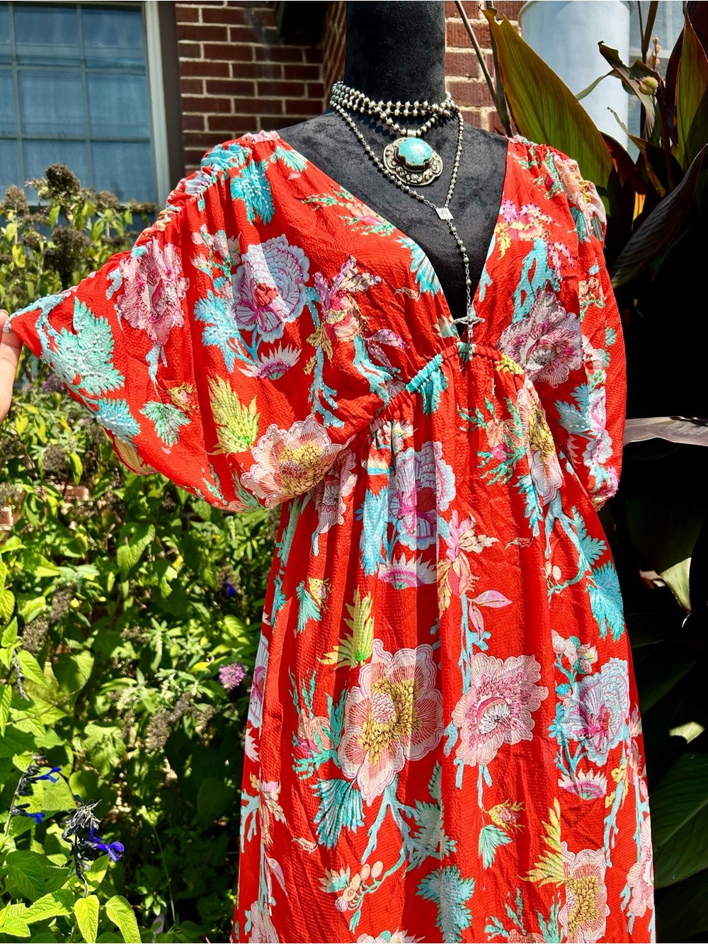 Natori 100% Silk Beaded Floral Maxi Dress Caftan S